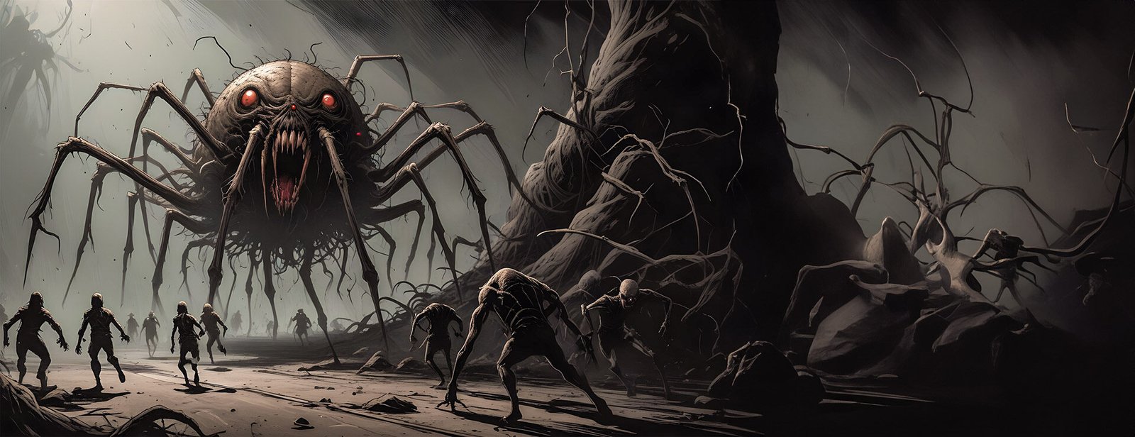 A dark, ominous figure with a skeletal appearance and long, spindly limbs emerging from a shadowy, rocky environment.