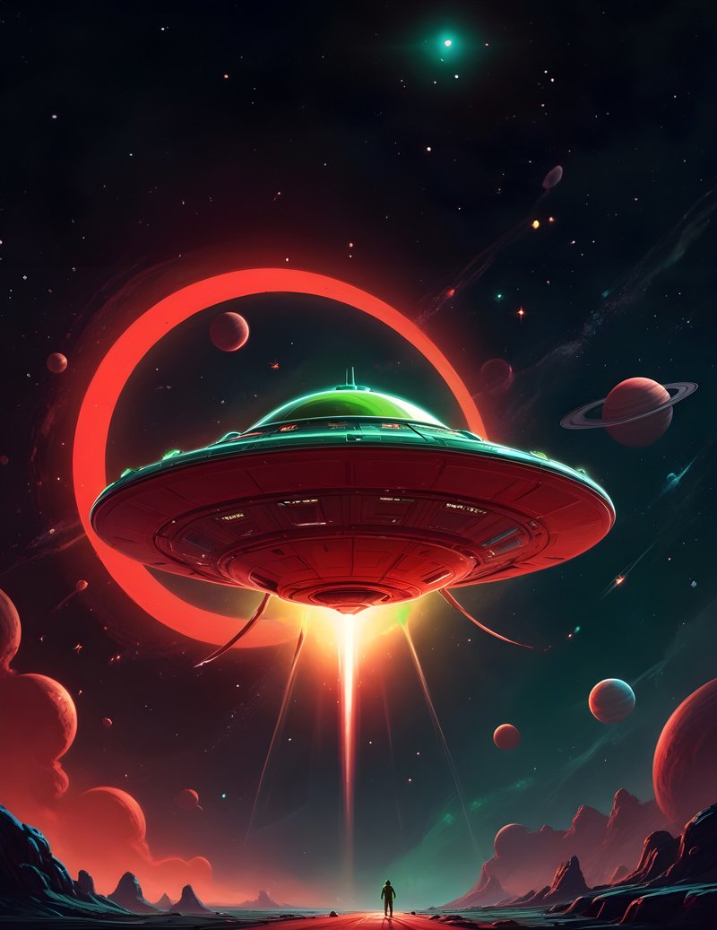 A red glowing UFO hovering over a green planet in a dark space with stars, planets and asteroids in the background.